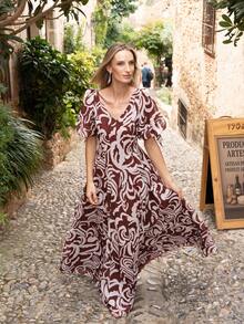 Faeriesty Vestido maxi de gasa elegante estampado, diseño de escote en V profundo, mangas cortas abullonadas - Una mezcla perfecta de clásico y moderno, vestido de gala de longitud hasta el suelo, adecuado para bodas en la playa, fiestas de jardín, ceremonias al aire libre y cenas románticas. Fiesta de primavera - Café integral - Ver 3