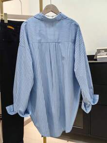 Elegantes gestreiftes Langarm Hemd in Große Größen, Regular Fit undurchsichtige Bluse, geeignet für den täglichen Gebrauch - Babyblau - Übersicht 6