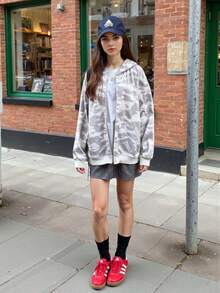 Women's Fashionable Retro Hooded Zip-Up Sweatshirt, Camouflage Print Pattern, Casual Jacket, Suitable For Teachers, Back To School, Graduation, Thanksgiving, Daily Wear, Winter Coat, Versatile, Women's Hooded Long Sleeve Sweatshirt With Light Fleece - Grey - View 8