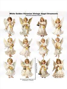 12pcs Angel Wooden Hanging Ornaments - White Angels With Golden Bells & Ribbons, Perfect For Home, Window, Fireplace, And Party Decor, Festive Spring & Country Style, Ideal Gift For Celebrations, Party Ornament | Angel Design | Wooden Construction, Angel Decor