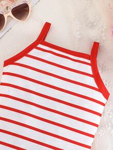 Set de 3 piezas de pelele sin mangas con estampado de corazones a rayas para bebé niña, para verano - Rojo - Ver 7