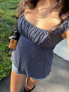 Women Y2K Fairy Grunge Babydoll Shirt Top Polka Dots Print Scoop Neck Back Bow Tie Up Flowy T Shirts Summer Cap Sleeve Back Smocked Slim Fit Crop Tank Tops Teen Girsl Cute Preppy Going Out Tee Top Vintage Aesthetic Fairycore Clothes Streetwear - 藍色 - 查看 5