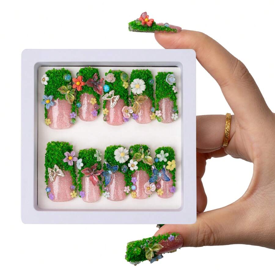 Fairy Garden 3D Handmade Press-On Nails – Green Moss Texture, Butterfly & Flower Nail Art, Reusable, 10PCS Full Set - 綠色 - 查看 1