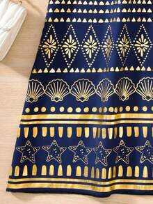 Vihyde 1pc Tween Girls' Festival Long Robe, Navy Blue With Gold Foil Geometric Pattern Trim Collar, 3/4 Sleeve Robe - Navy Blue - View 9