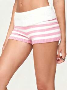 Women's Fold Over Shorts Striped Knit Low Rise Elastic Waist Shorts Y2K Skinny Pajamas Mini Shorts Sleepwear Stretchy Yoga Shorts Sweater Shorts Loungewear - Hồng - Xem 5