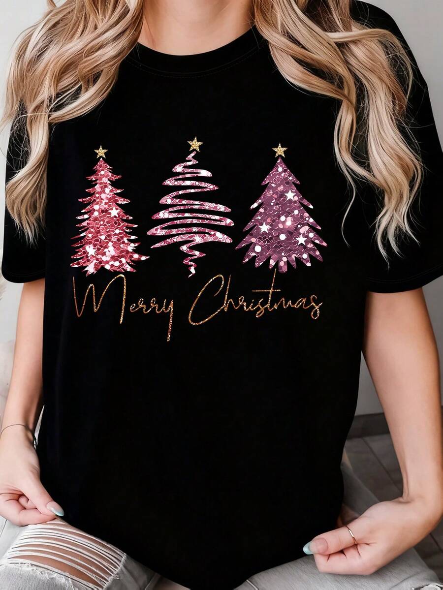 Merry Christmas Pink Christmas Tree Women's Short Sleeve T-Shirt, Casual Round Neck Tee For Women, Fall/Winter