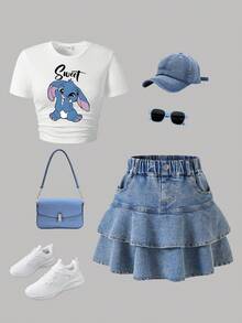 Bộ áo thun tay ngắn in họa tiết chữ và chân váy denim cho bé gái tuổi teen - trắng - Xem 1