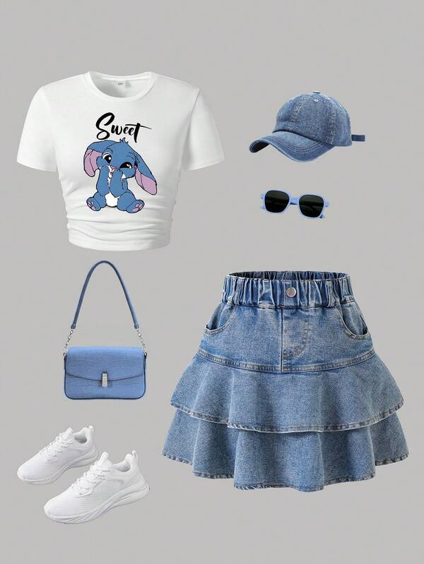 Tween Girl Letter Graphic Print Short Sleeve Top And Denim Skirt Set