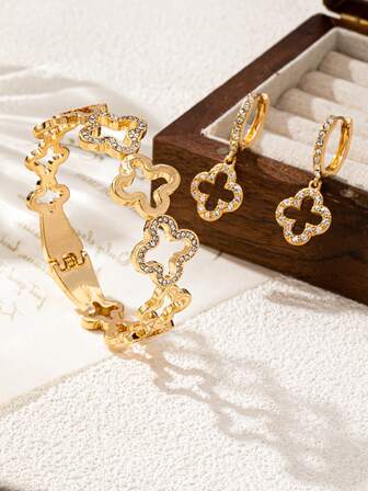 1 Set de nuevo diseño elegante europeo y americano de aretes y pulsera de joyería con incrustaciones de strass y calados, accesorio versátil adecuado para el Día de Acción de Gracias, el Día de San Valentín, mujeres