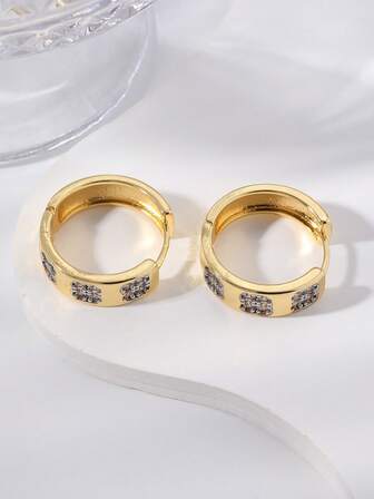 1 Pair Minimalist Dual-Tone Zirconia Inlaid Geometric Elements Hoop Earrings For Women, Suitable For Vacation And Party Wear