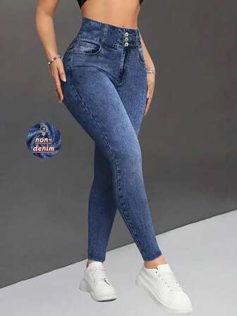 女式牛仔印花高腰紧身打底裤，凸显曲线，收腹，柔软弹力，适合健身和日常穿着