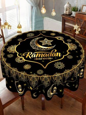 1 st Ramadan-duk, 150 cm Ramadan Kareem polyester rund bordsduk, svartguld månstjärnelyktmönster Eid Mubarak-duk, Ramadan-dekorationer för hemmet, högtidsköks-matbordsdekoration, Eid Al-Fitr-festivalfest och festtillbehör