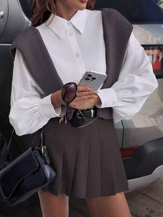 Freeform Elegant Women Loose Fashion Versatile Commuting Minimalist Stylish Puff Sleeve Shirt Collar Casual Blouse