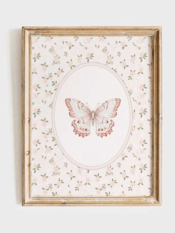 1pc Frameless Floral Butterfly Wall Art Decoration, Pink Country-Style Girl's Room Decor, Vintage Print, Romantic Butterfly Nursery Poster, Little Girl Bedroom Decoration, Vintage-Style Gift, Aesthetic Room Decor
