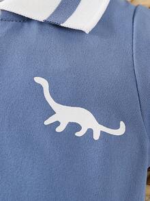 2件套新生儿男宝宝恐龙印花POLO领短袖连体衣套装，夏季 - 藍白色 - 查看 4