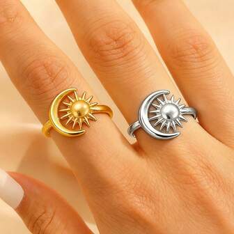 1pc Vintage Style Sun & Moon Adjustable Ring For Women