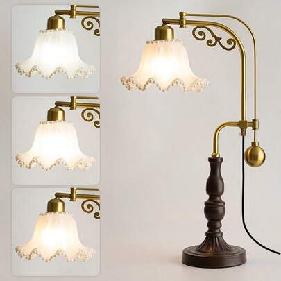 1pc Chinese Style Metal Decorative Table Lamp, E26 Light Source, Fabric/Acrylic Pearl Lampshade, 90° Adjustable, Suitable For Living Room, Office, Bedroom