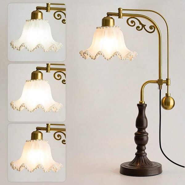 1 pieza Lámpara de mesa decorativa de estilo chino de metal, fuente de luz E26, pantalla de tela/acrílico perla, ajustable 90°, adecuada para sala de estar, oficina, dormitorio