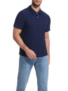 男士针织Polo衫 短袖 纹理纽扣领 休闲夏季高尔夫球衫 - 寶藍色 - 查看 5