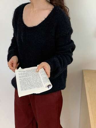 1pc Women's Solid Color Off-Shoulder Loose Casual Long Sleeve Oversized Sweater