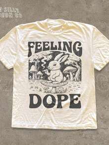 Feeling Dope Cottagecore Tee, Funny Rabbit Smoking In Mushroom, Retro 70s - 白色 - 查看 1