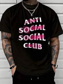 Bold Anti Social Club Text With Pink Scribble Graphic Symbolizing Rebellion And Individualism 100% Cotton Men's Casual Streetwear Tshirt - 黑色 - 查看 8