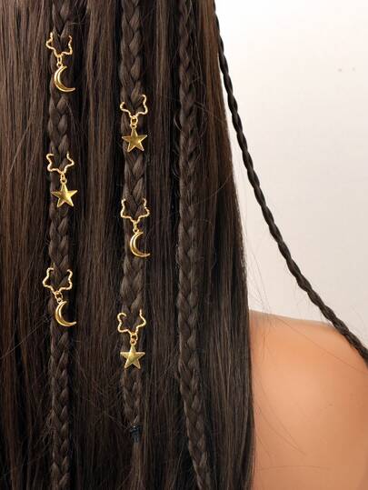 6pcs Women's Braided Hair Accessories, Spiral Star & Moon Braided Hair Clips, Fashion Hair Rings, Ramadan Gift, Braided Hair Moon Decor, Daily Wear