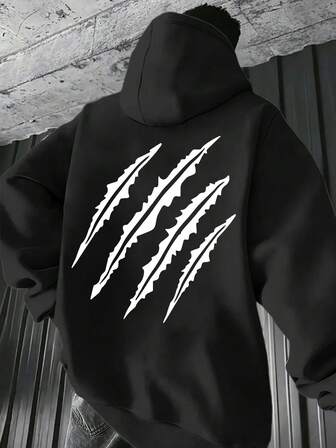 1 pieza Sudadera con capucha para hombre talla grande, color negro, forrada térmicamente, gruesa, con estampado desgastado, para uso casual al aire libre, otoño/invierno