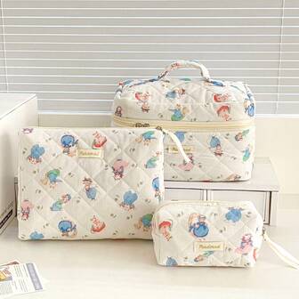 1 pieza Bolsa de maquillaje con ratón blanco feliz de dibujos animados, organizador pequeño y lindo de cosméticos, pinceles y lápiz labial