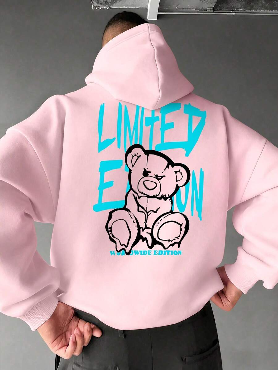 Men's Casual Fashionable Versatile Street Hoodie With Letter, Cartoon Bear Print And Kangaroo Pocket, Drawstring, Autumn/Winter - Pink - View 1