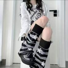 1 Pair Y2K Subculture JK Socks Women Black Long Tube Calf Socks Knitted Socks Star Leg Warmers Hot Girl Slouch Socks - Những ngôi sao đen và xám - Xem 2
