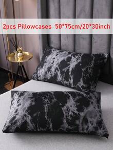 2 件装黑色大理石图案印花涤纶枕套，款式涤纶枕套 - 黑色 - 查看 7