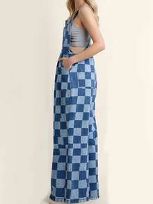 Women Denim Jumpsuits Sleeveless Plaid Print Baggy Wide Leg Overalls With Pockets - 海藍色 - 查看 3