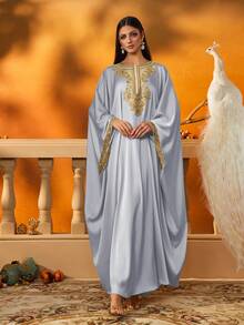 AmazingHoney Elegant Cream Kaftan Robe With Gold Embroidery Details, Batwing Sleeves, Party Abaya Robe, Kaftan Robe, Abaya Robe (Oversized Fit - Please Check Size Chart) - Baby Blue - View 1