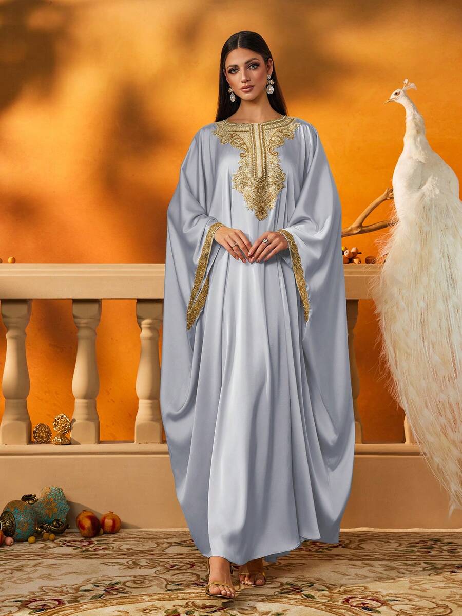AmazingHoney Elegant Cream Kaftan Robe With Gold Embroidery Details, Batwing Sleeves, Party Abaya Robe, Kaftan Robe, Abaya Robe (Oversized Fit - Please Check Size Chart) - Baby Blue - View 1