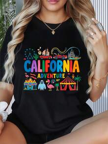 California Adventure Disney Theme Park T Shirt Women Mickey Mouse Cars Roller Coaster Carnival Fun Graphic Tee Summer OutfitWomen's T-Shirt With Round Neck And Short Sleeves, Disney Theme Fun Printing, Suitable For Christmas Partysports Activitiesholiday PartiesoutingsNew Year Gift Sports And Other Holiday Gifts (220g). - Black - View 2