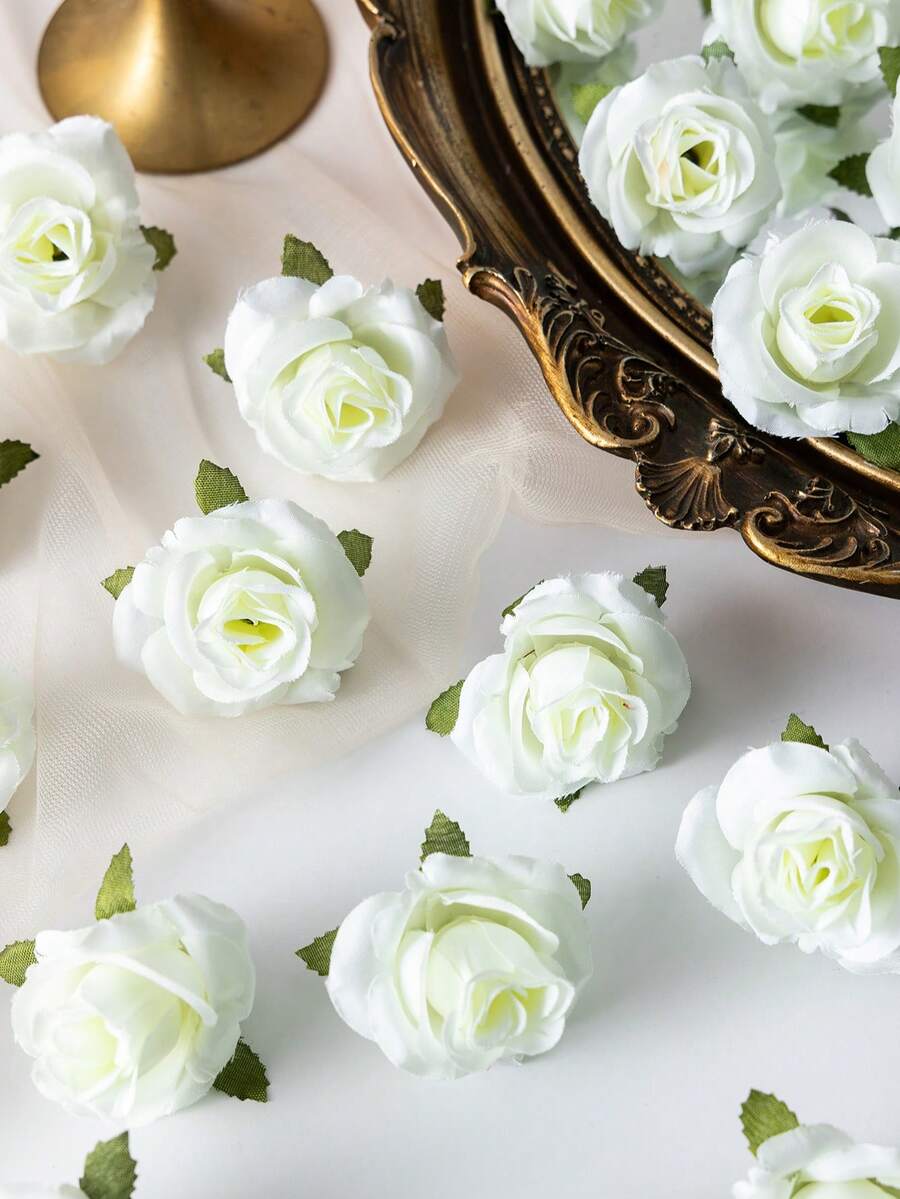 MEHELANY 50朵/包 散装仿真粉色玫瑰花头，触感逼真，1.57英寸小型人造丝玫瑰装饰工艺品，适用于婚礼中心装饰、新娘送礼、家居装饰、DIY婚礼花环、婚礼、生日蛋糕装饰、DIY花墙、相册和相框装饰 - 白色 - 查看 1