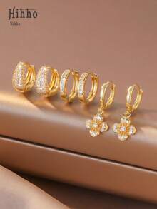 Hihho 6pcs/Set Zirconia Stone Earring Set, Floral & Heart Decor, Sweet & Lively Style, Clover & Hollow Pave Luxury, Simple Solid Hoop & Clover Pendant, Balancing Simplicity & Decoration. Dense Zirconia Inlay, Shiny, Suitable For Daily, Commute, Light Social Occasions - Gold - View 8