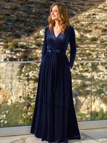 Women's Solid Color Christmas Elegant Vintage Party Tie Front Bow Velvet Dress, Autumn/Winter, Suitable For Holiday, Wedding, Formal Dinner, Date, Birthday Party, Garden Party, Photo Shoot, Valentine's Day, New Year - Royal Blue - View 8