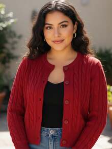 Cárdigan académico para mujer de punto trenzado liso con cuello redondo, manga larga y botones - Rojo - Ver 3