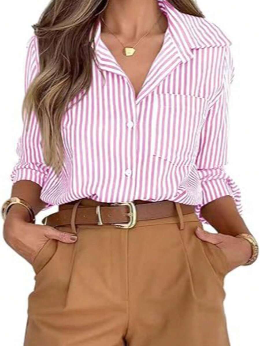Women's Long Striped Long Sleeve Shirt - Pink - View 1