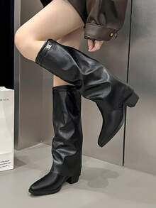 Botas altas de talla grande de otoño 2025, botas de mujer con tacón grueso adelgazante y sin brillo, botas de moda - Negro - Ver 1