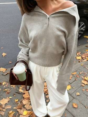 New Fall/Winter Women's Fashionable Elegant Simple Casual Commuter Urban Modern Gray Collared Waist-Cinched Knit Long-Sleeve Slim-Fit Half-Button-Down Top Comfortable Women's Fall/Winter Apparel Christmas Sweater Women's New Year Style Women's Thanksgiving Outfit Gray Knit Top