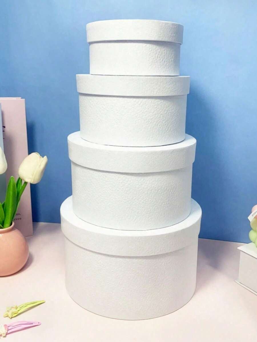 4个圆形礼盒，鲜花盒，礼品包装盒，适用于教师节、母亲节、父亲节、情人节、圣诞节（不同批次之间可能存在轻微色差，但质量不变） - 白色 - 查看 1