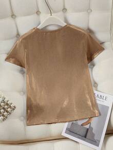 French Elegant Mermaid Wedding Season Round Neck Shiny "WIFEY" Letter Print Short Sleeve T-Shirt - Yellow - View 2