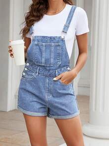 Women's Casual Denim Bib Shorts, Sleeveless, With Button Details And Pockets - Medium Wash - View 2