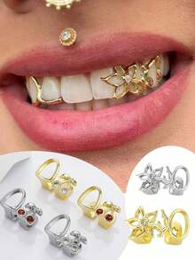 Gold Teeth Grillz For Women, Hollow Gold Floral Cherry Tooth Caps Silver Grills For Your Teeth 14K Gold Plated Jewelry For Cosplay Fashion Extra Molding Bar Valentine's Day Gift For My GirlfriendValentine's Day Gift For My Wife Heart Drop Love Gift For Lovers Gift For My Girlfriend Couple Jewelry Accessories - 金色 - 查看 1
