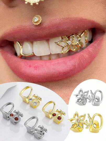 Gold Teeth Grillz For Women, Hollow Gold Floral Cherry Tooth Caps Silver Grills For Your Teeth 14K Gold Plated Jewelry For Cosplay Fashion Extra Molding Bar