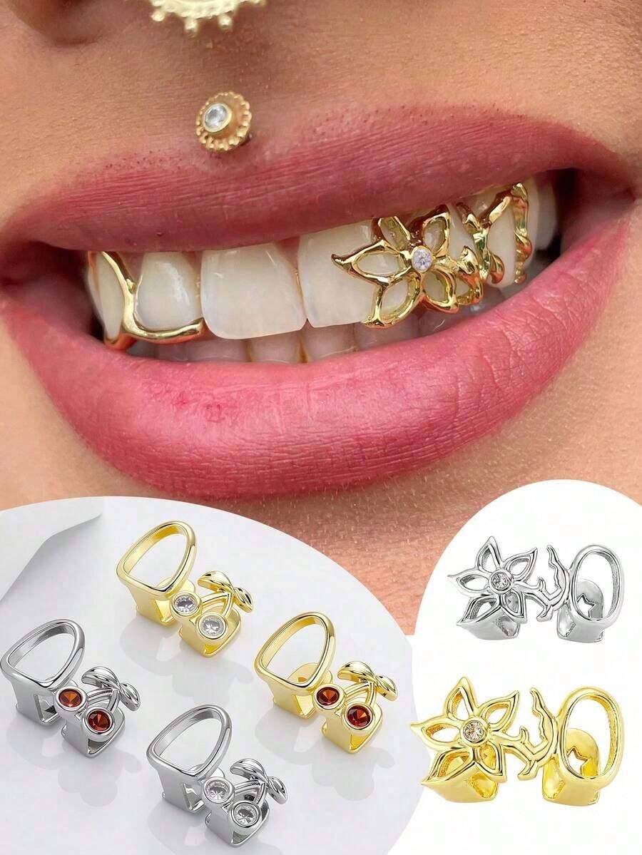 Gold Teeth Grillz For Women, Hollow Gold Floral Cherry Tooth Caps Silver Grills For Your Teeth 14K Gold Plated Jewelry For Cosplay Fashion Extra Molding Bar Valentine's Day Gift For My GirlfriendValentine's Day Gift For My Wife Heart Drop Love Gift For Lovers Gift For My Girlfriend Couple Jewelry Accessories - 金色 - 查看 1
