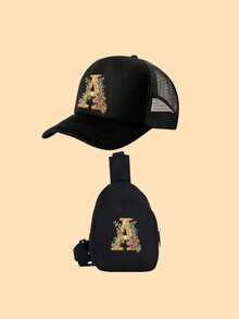 2件套儿童黑色花卉字母印花卡车帽,复古时尚设计,透气实用,适合男孩女孩户外穿着,春夏皆宜 - 黑色 - 查看 6